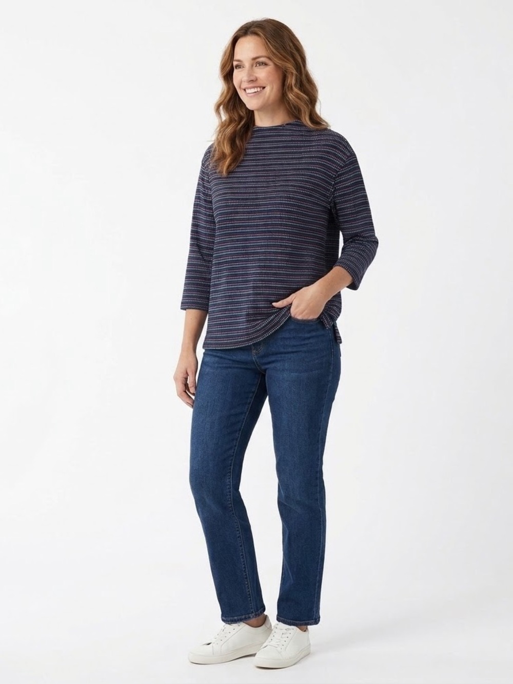 Northern Reflections Textured Knit Striped Mock Neck Top L - Pink Blue Black